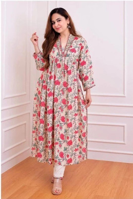 CAndi creation Women Printed Straight Kurta(Beige, Pink)