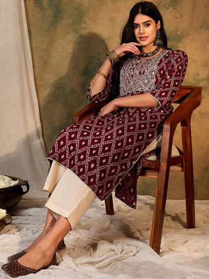 ANOUK Women Self Design A-line Kurta(Maroon)