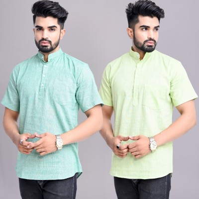 QuaClo Men Solid Straight Kurta(Light Green, Light Blue)