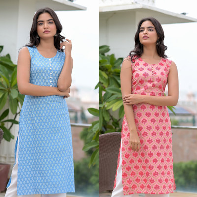 shobhit Women Printed Straight Kurta(Blue, Pink)