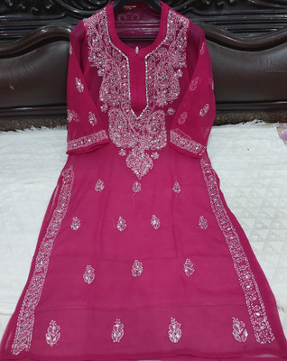 fayza collection Women Chikan Embroidery A-line Kurta(Pink)