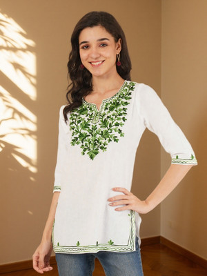 Miss Peach Women Embroidered A-line Kurta(White)