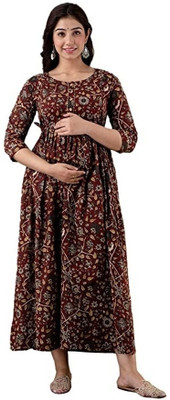 Silakiva Women Floral Print Gown Kurta(Maroon)