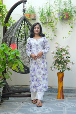 Elegance Hub Women Chikan Embroidery A-line Kurta(White, Purple)