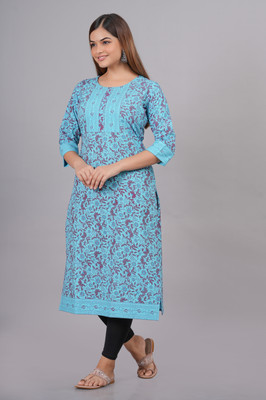 METAFAB Women Printed Straight Kurta(Blue)