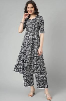 PRAVIK Women Self Design A-line Kurta(Black, White)