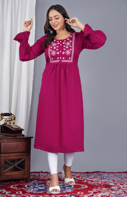 CAPUA Women Embroidered Straight Kurta(Maroon)