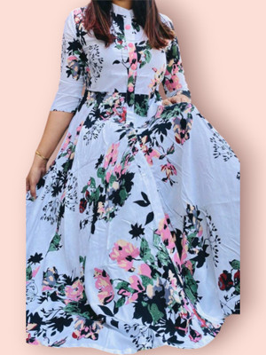 mk creation Women Printed Anarkali Kurta(White)