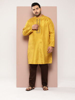 Sztori Men Geometric Print Straight Kurta(Yellow)