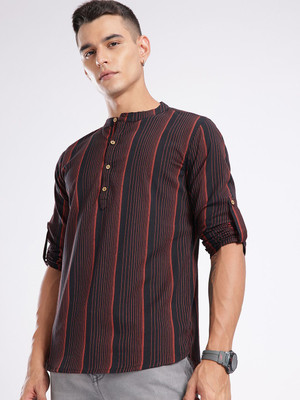 Anouk Rustic Men Striped Straight Kurta(Black)