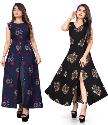 Hiral Creation Women Printed Frontslit Kurta(Black)