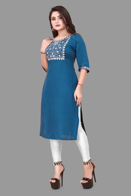 RIDDHI COLLECTION MALL Women Embroidered A-line Kurta(Blue)