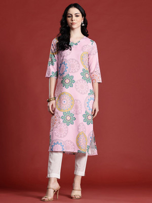 ANOUK Women Printed Straight Kurta(Pink)
