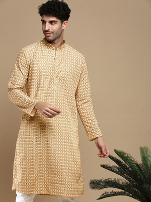 ANOUK Men Geometric Print Straight Kurta(Brown)