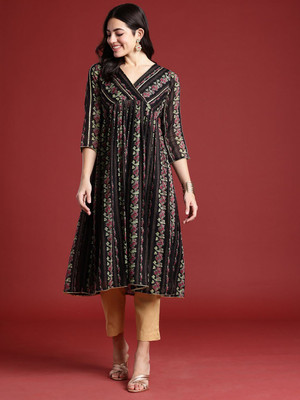 ANOUK Women Floral Print A-line Kurta(Black)