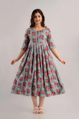 JAY SHRI SHYAM FASHION Women Printed Flared Kurta(Grey)