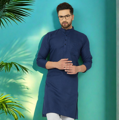 LEMONX Men Solid Straight Kurta(Dark Blue)