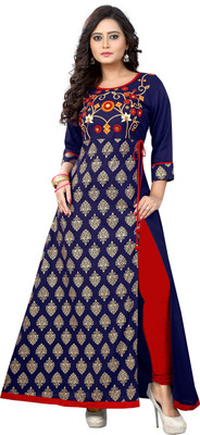 VBUYZ Women Embroidered Frontslit Kurta(Blue)