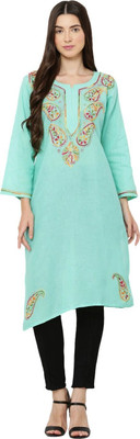 FAWOMENT Women Chikan Embroidery Straight Kurta(Light Blue)