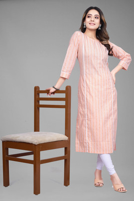 TextileCloth Women Striped Straight Kurta(Orange)