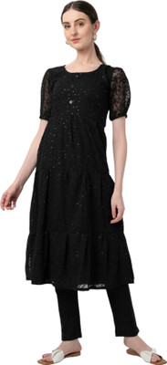 jadiida Women Embellished A-line Kurta(Black)