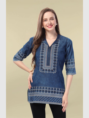 IndiMuse Women Printed Straight Kurta(Blue)
