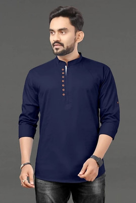 SPOQUE Men Solid Straight Kurta(Dark Blue)