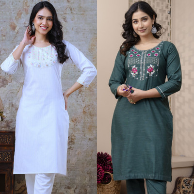 AUZAAI COLLECTION Women Embroidered Straight Kurta(Green, White)