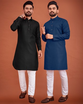 allan peter Men Solid Flared Kurta(Black, Dark Blue)