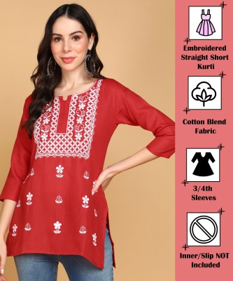 TOP N THREAD Women Chikan Embroidery, Embroidered, Self Design A-line Kurta(Red)