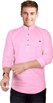 JUST BLACK Men Solid Straight Kurta(Pink)