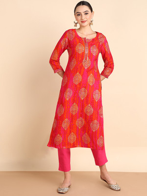 maaesa Women Embroidered Straight Kurta(Orange)