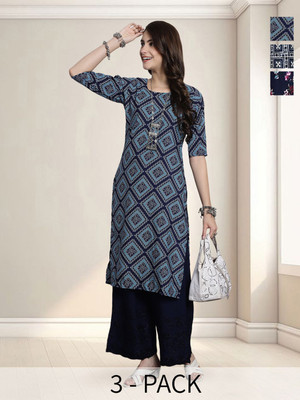 HERE&NOW Women Printed Straight Kurta(Blue)