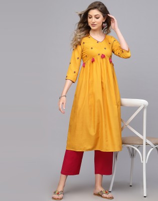 Skylee Women Embellished, Embroidered, Self Design Straight Kurta(Yellow)