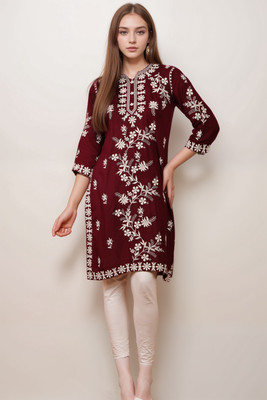 Mallory Winston Women Chikan Embroidery A-line Kurta(Maroon)