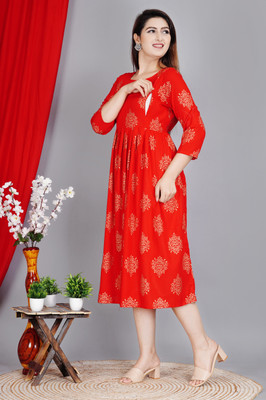 YASHIKADESIGNER Women Printed Anarkali Kurta(Red)