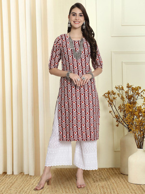 EthnicBasket Women Printed Straight Kurta(Beige)
