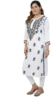 Golden Chikan Export Women Chikan Embroidery Straight Kurta(White)