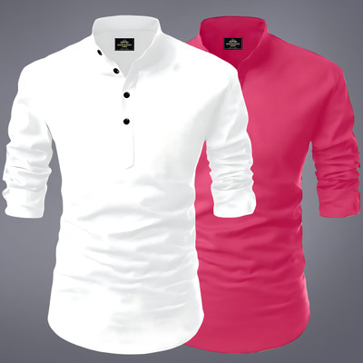 evalaxy Men Solid Straight Kurta(White, Pink)