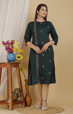 Mehsoos Women Printed Straight Kurta(Beige, Dark Green)