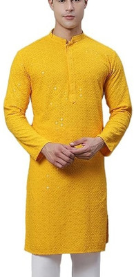 Qtsy Men Self Design Ethnic Dress Kurta(Yellow)