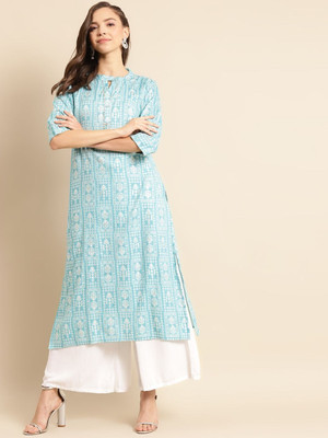 all about you Women Printed Straight Kurta(Blue)
