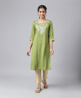 Aurelia Women Solid Straight Kurta(Green)