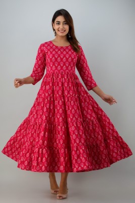 GLAM ROOTS Women Printed Anarkali Kurta(Pink)