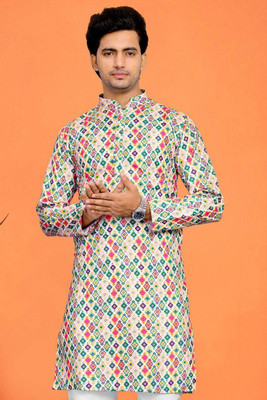 Nirwear creation Men Printed Straight Kurta(Beige)