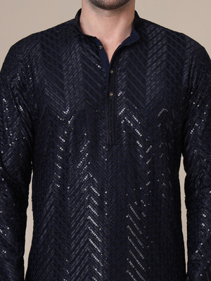 ADHIRAJAN Men Chikan Embroidery Straight Kurta(Dark Blue)