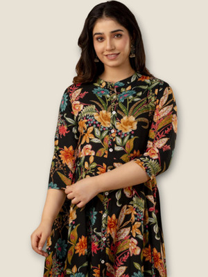 flexflow Women Floral Print Straight Kurta(Black)