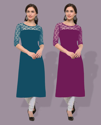 maaheshvi Women Self Design Straight Kurta(Blue)