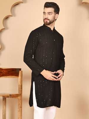 ANOUK Men Embellished Straight Kurta(Black)