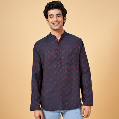 Indus Route by Pantaloons Men Printed A-line Kurta(Dark Blue, Red)